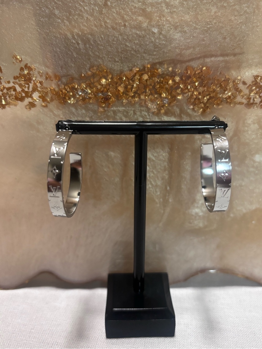 Silver Tone Hoop Earrings with Monogram Detailing